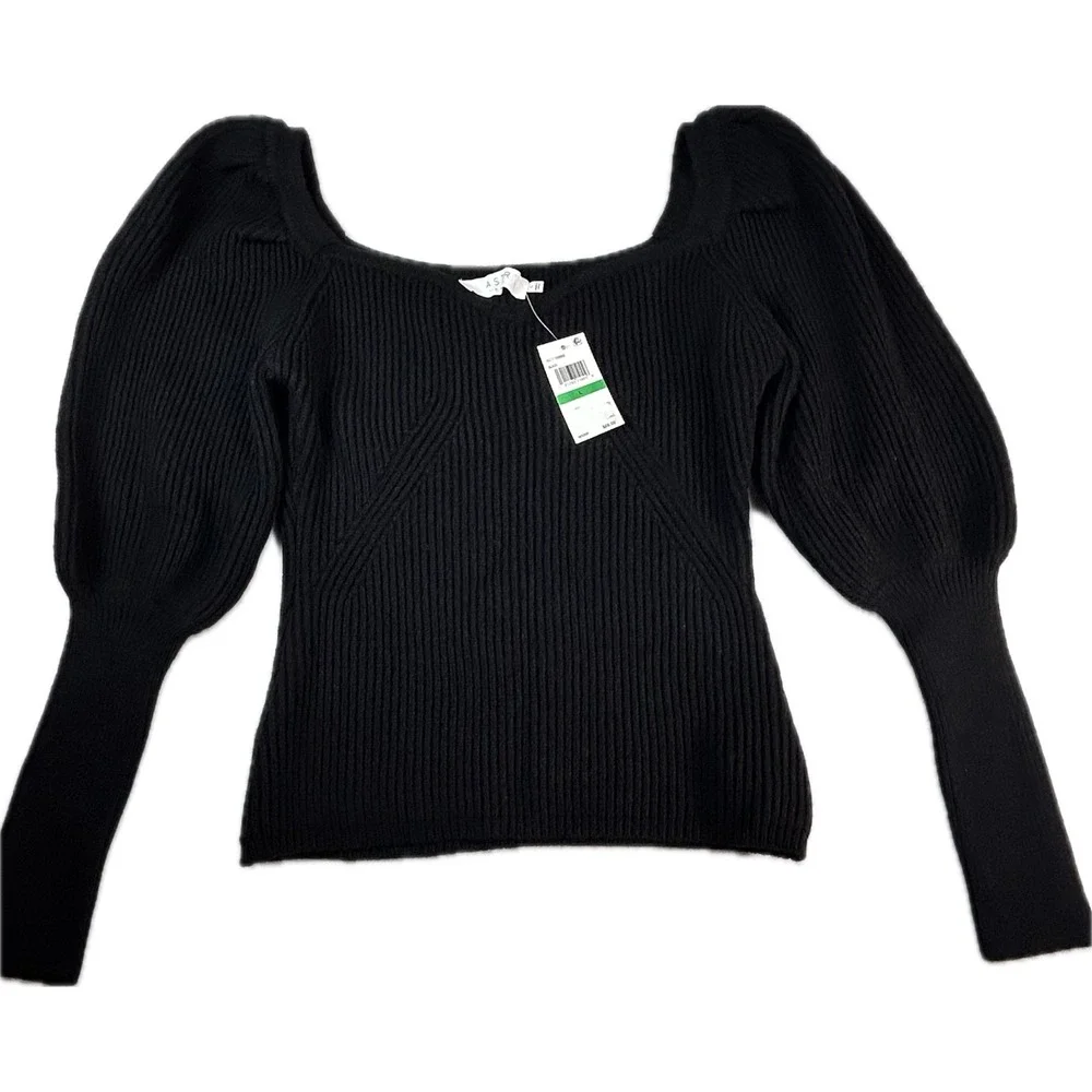 ASTR The Label Esma Sweater Womens L NWT Black Puff Sleeve V Neck Knit Pullover